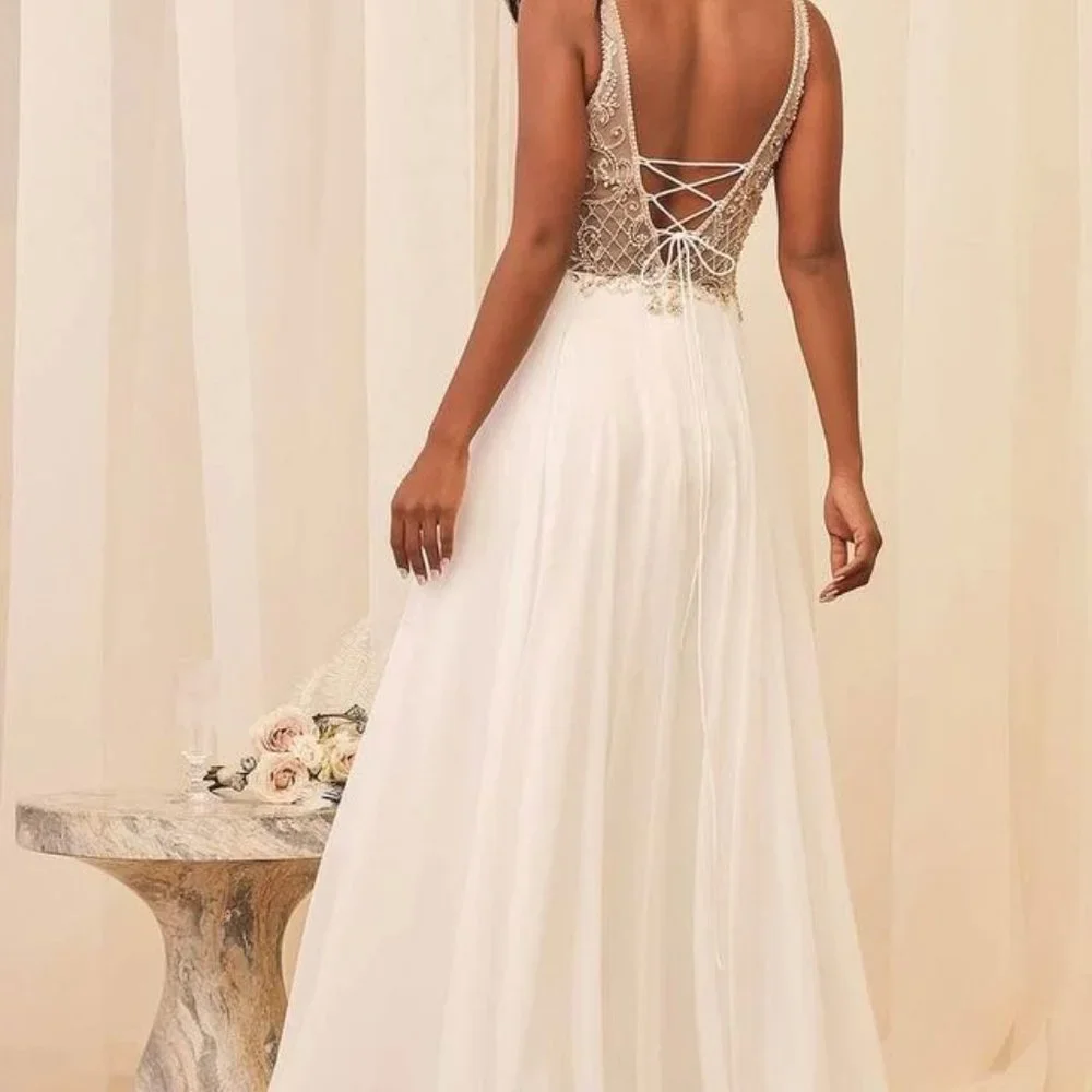 NWT Lulus White Beaded Wedding Dress Maxi Gown New In Box Size 6 - Picture 4 of 8